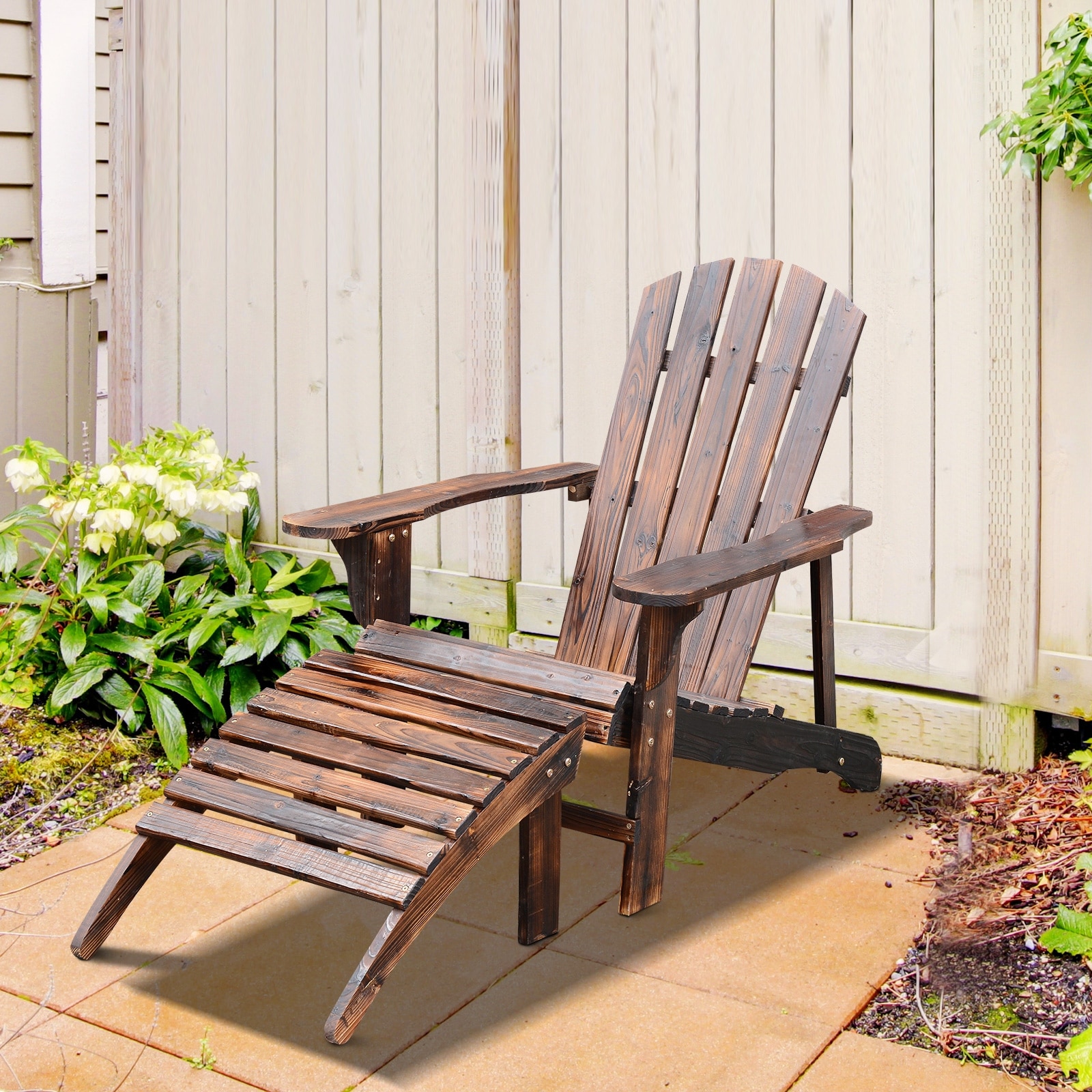 Brown Outsunny Outdoor Adirondack Chair Wooden Loveseat Bench Lounger Armchair with Flat Back for Garden Deck Patio 