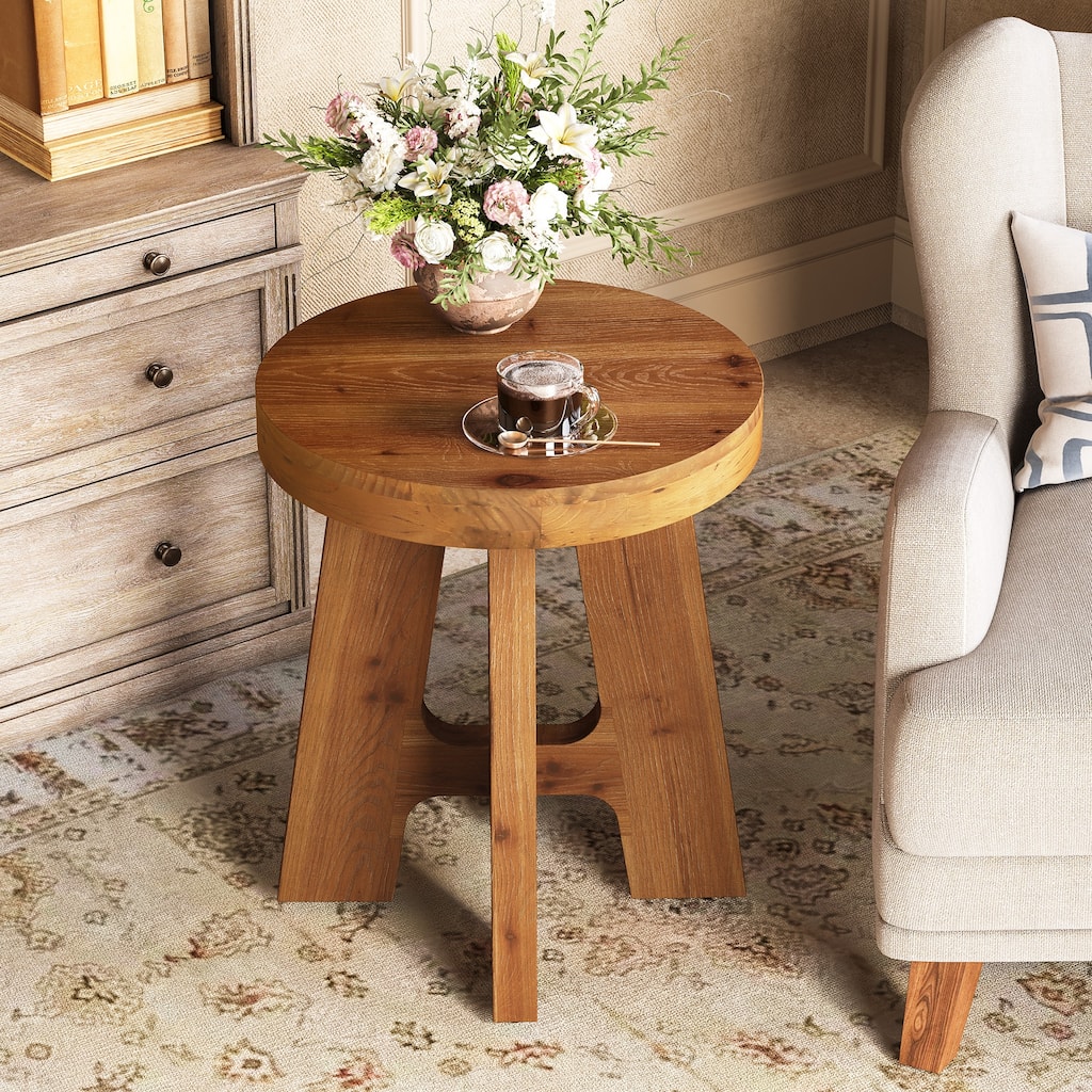 Solid Wood Round End Table, Farmhouse Small Round Side Table