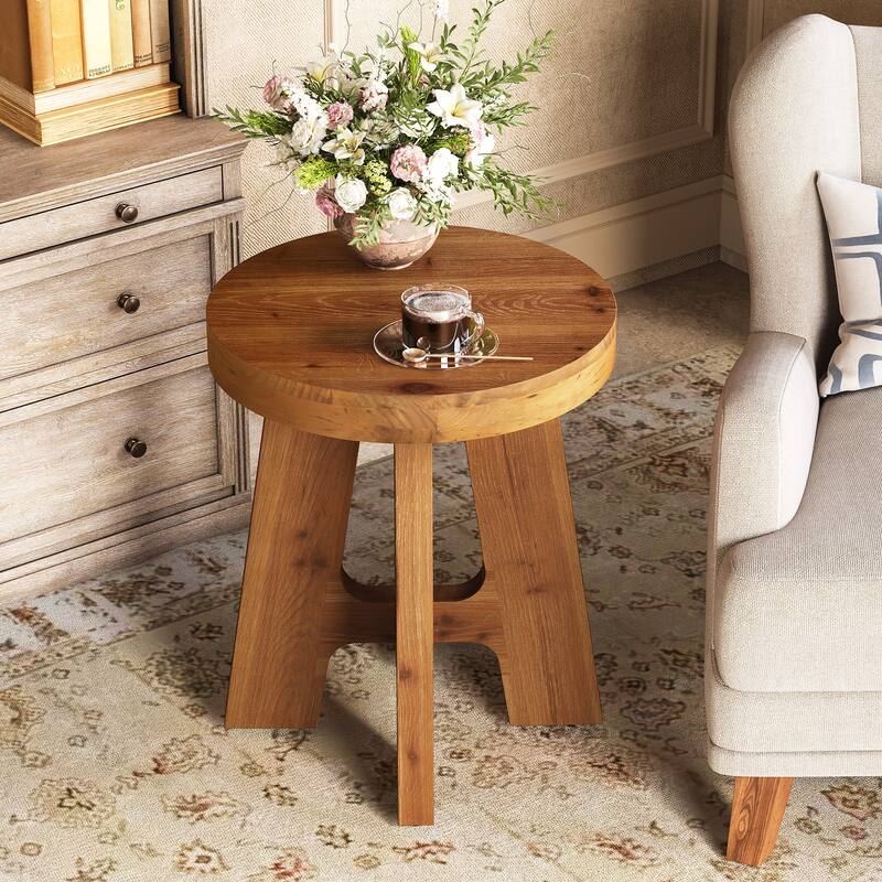 Solid Wood Round End Table, Farmhouse Small Round Side Table