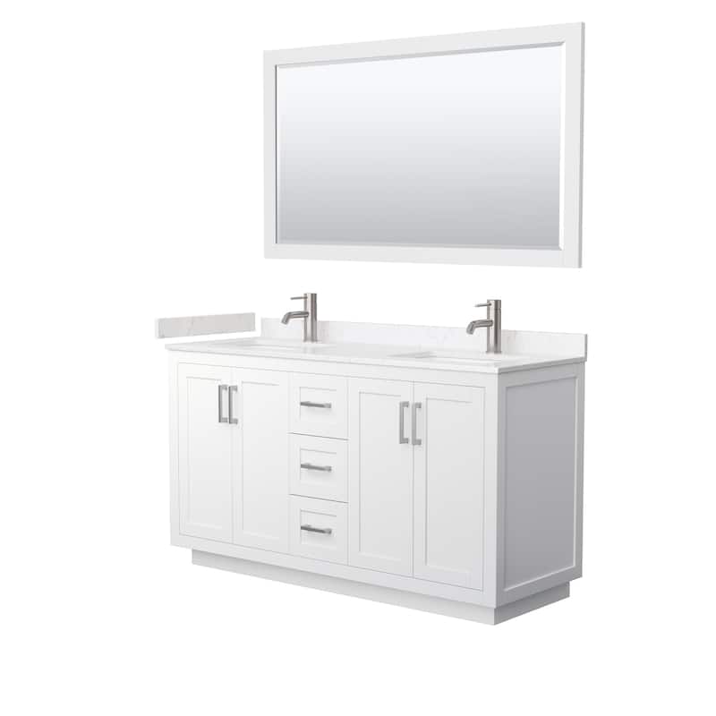 Miranda Bathroom Vanity Set, Cultured Marble Top, 58-Inch Mirror - 60-Inch Double - White, Nickel Trim, Carrara Cultured Marble Top