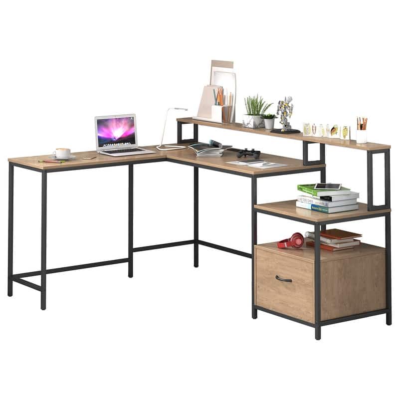 Mixoy L Shaped Computer Gaming Desk with File Cabinet&Power Outlet,Home Office Desk with Storage Shelf,Drawer,Monitor Stand