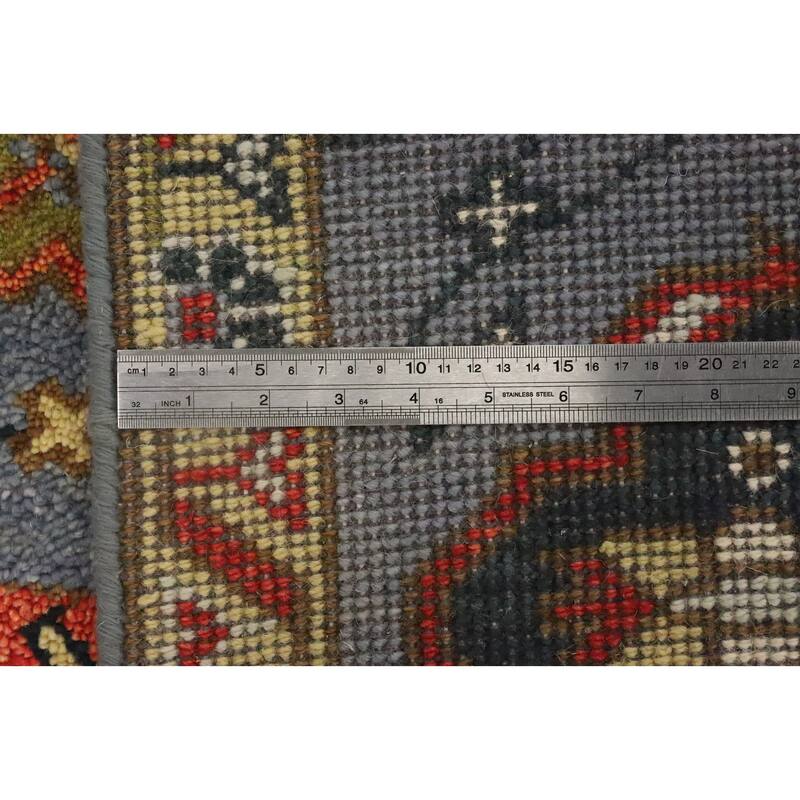 Hand Knotted Oriental 100% Wool Carpet Traditional Geometric Greys & Charcoal Kazak Runner Rug - 9' 9'' X 2' 7''