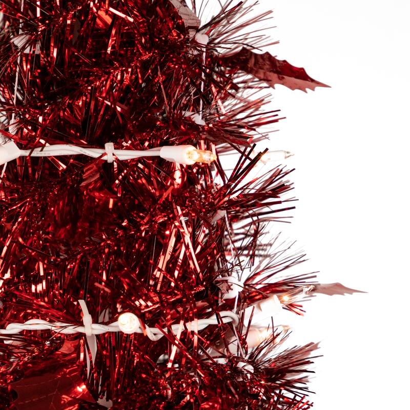 6' Pre-Lit Red Tinsel Pop-Up Artificial Christmas Tree - Clear Lights - 6 Foot