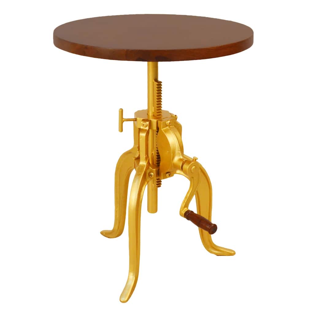 19" Brown and Gold Adjustable Crank Round Accent Table