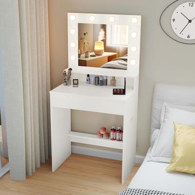 Small Vanity Desk w/ Mirror & Lights Compact Dressing Table