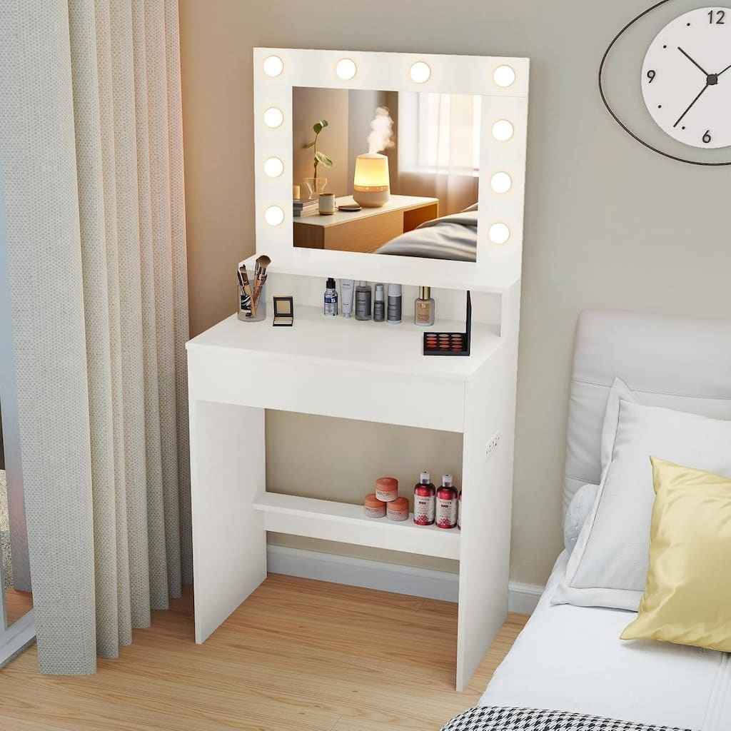 Small Vanity Desk w/ Mirror & Lights Compact Dressing Table