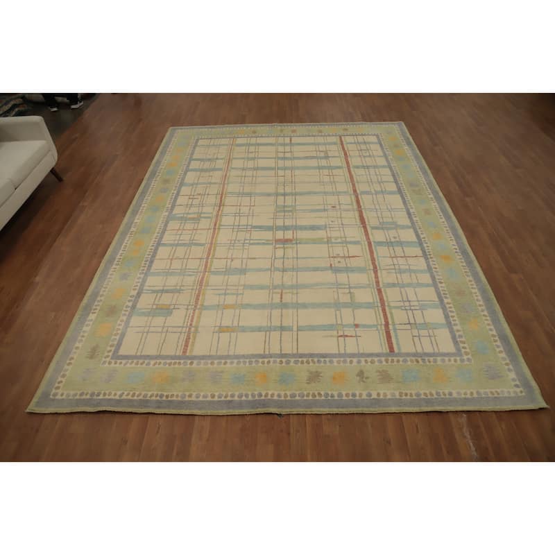 Hand Knotted Oriental 100% Wool Carpet Modern Geometric Beige & Ivories Gabbeh Area Rug - 12' 0'' X 9' 3''