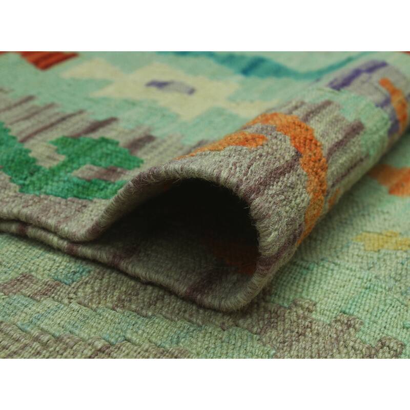 Hand-Woven Sangat Kilim Cengiz Lt. Green/Burgundy Rug - 8'7" x 11'2"