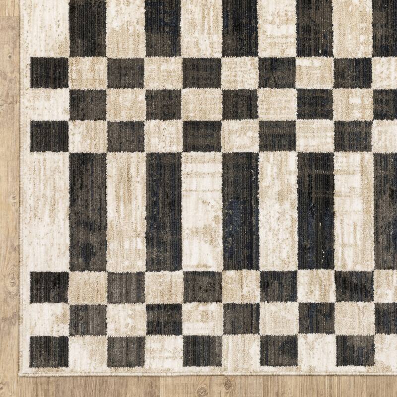 Hansel Blocks and Stripes Beige/ Black Area Rug