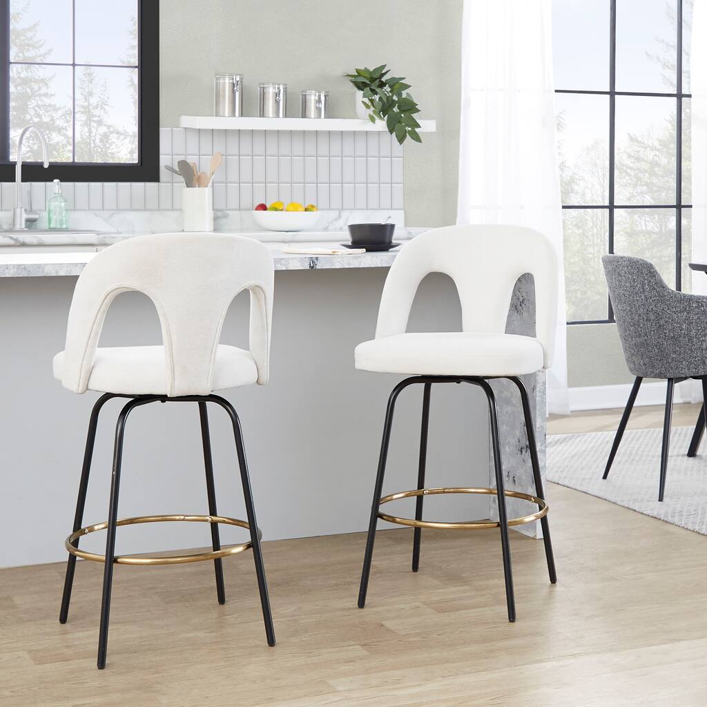 Porch & Den Ashton Upholstered 26" Black Counter Stool with Metal Legs & Gold Footrest (Set of 2)