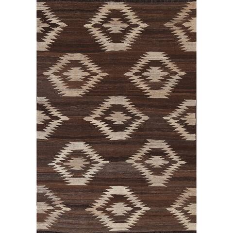 Natural Dye Geometric Oriental Kilim Area Rug Hand-Woven Wool Carpet - 4'9" x 6'5"