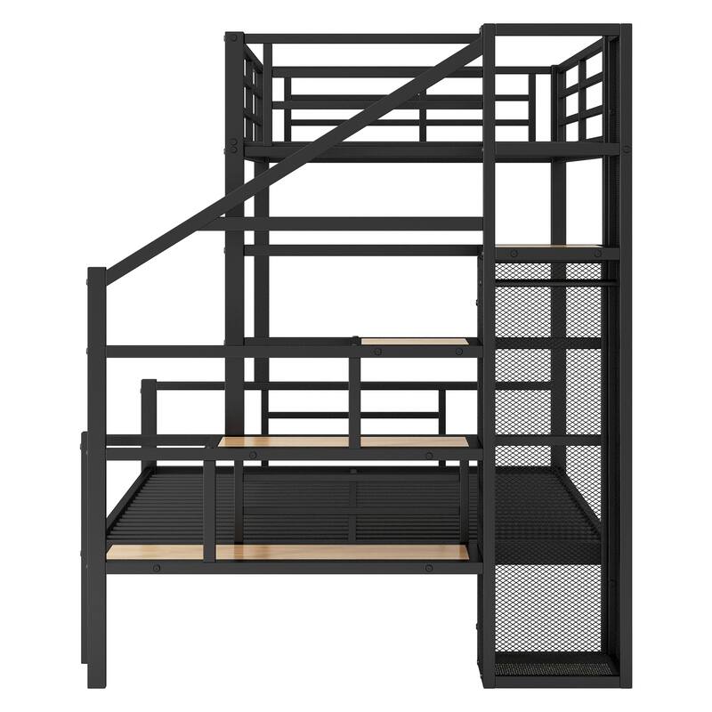 Twin over Full Metal Bunk Bed with Storage Stairs and Wardrobe, Black
