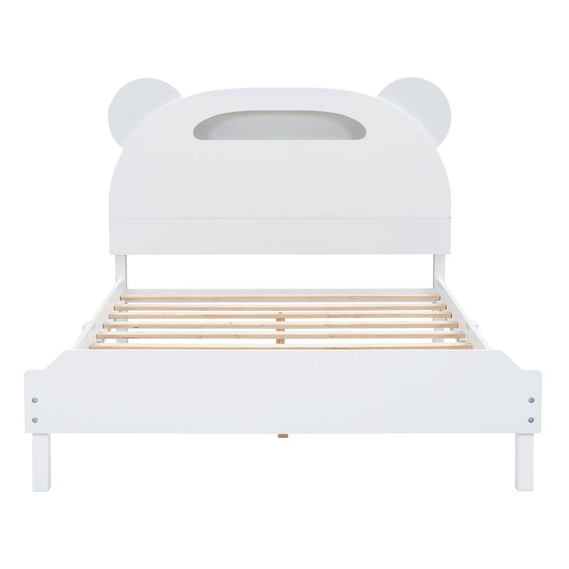Full Size Wood Platform Bed with Bear-shaped Headboard,Bed with Motion Activated Night Lights