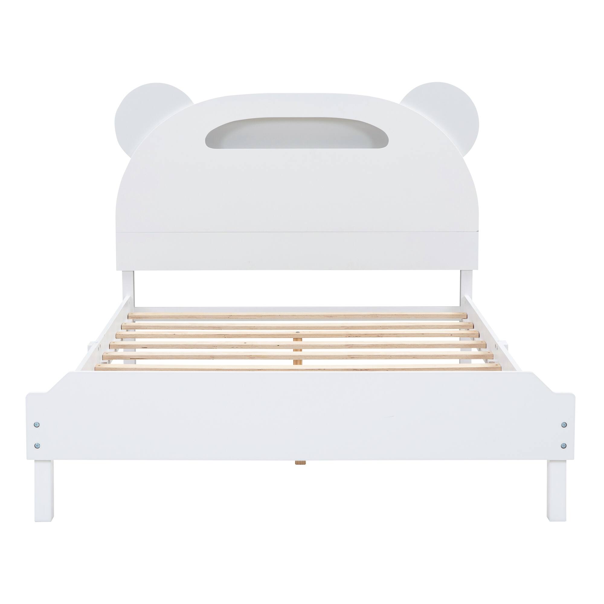 White Full Size Wood Platform Bed with Bearshaped Headboard, Bed with