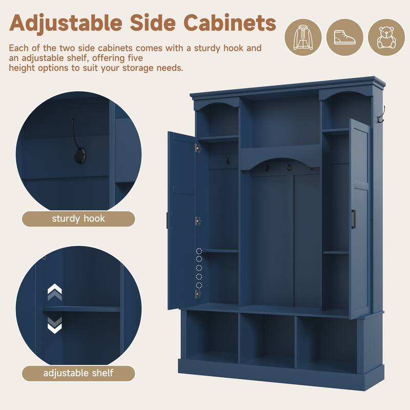 Modern Hall Tree with Adjustable Shelves Dual Cabinets Bench Entryway Organizer