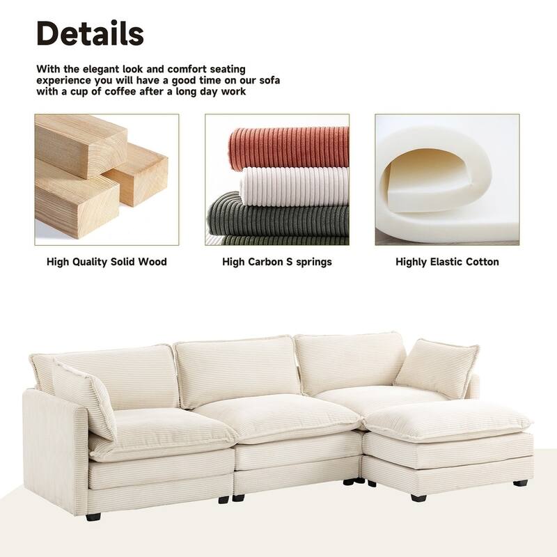 3-Seat Corduroy Modular Sofa with an Independent Removable Ottoman for Living Room or Business