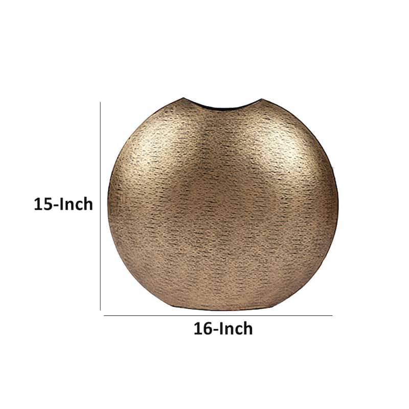 Bier Decor Vase, Curved Mouth, 16 Inch Round Metal Frame, Flat Base, Gold