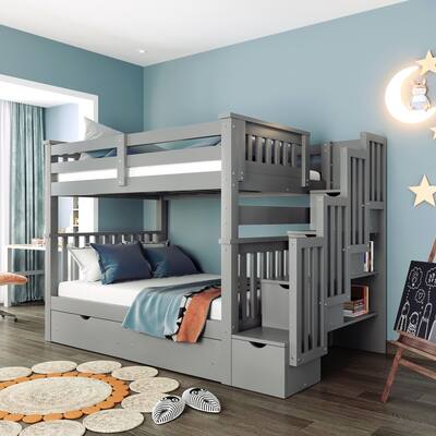 Full Over Full Bunk Bed with Shelves and 6 Drawers
