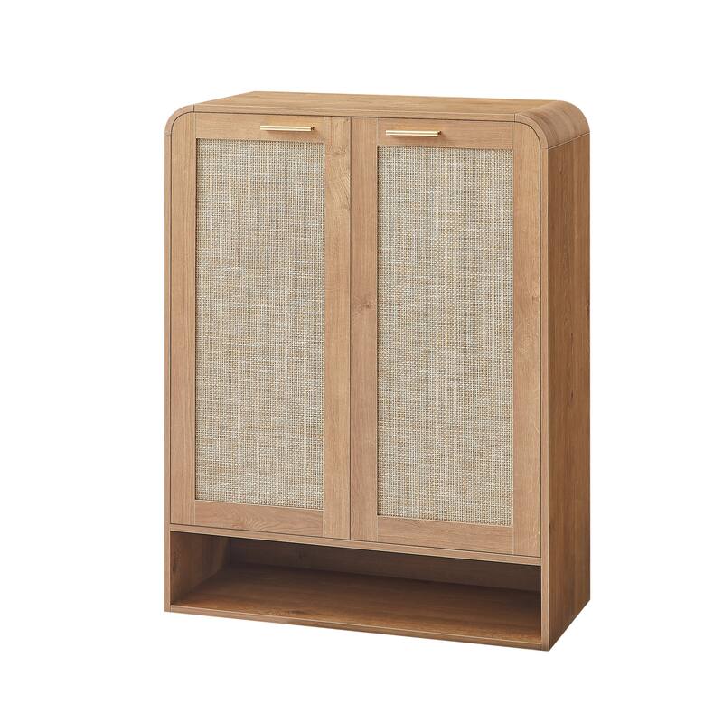 Rattan Shoe Cabinet with Doors & Open Bottom Shelf, Shoe Storage Cabinet with Adjustable Shelves, Wooden Shoes Rack Organizer
