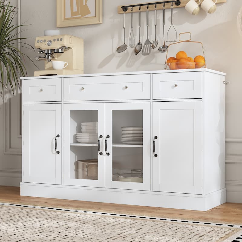 White Buffet Cabinet with 3 Drawers and 4 Doors, Glass Center Doors Sideboard