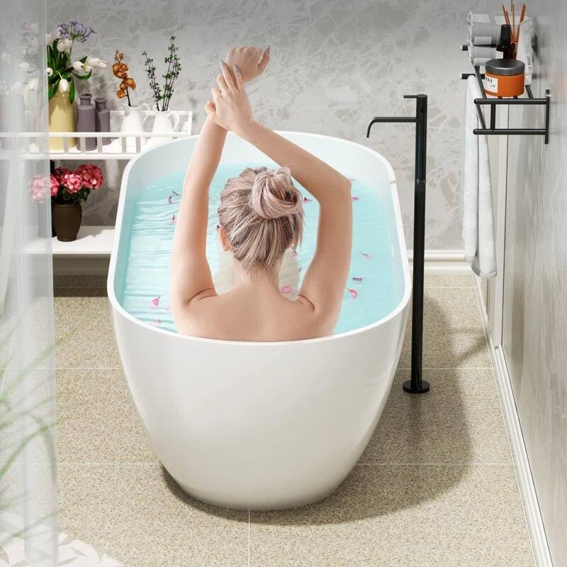 ABRUZZO Glossy White Freestanding Solid Surface Bathtub with Overflow and Pop-up Drain