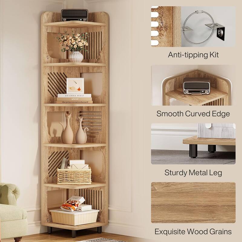 6-Tier Narrow Corner Shelf Stand, 71-Inch Rustic Tall Corner Bookshelf