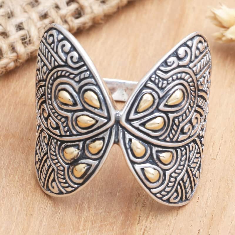 Novica Handmade Give Me Butterflies Gold-Accented Cocktail Ring - Silver