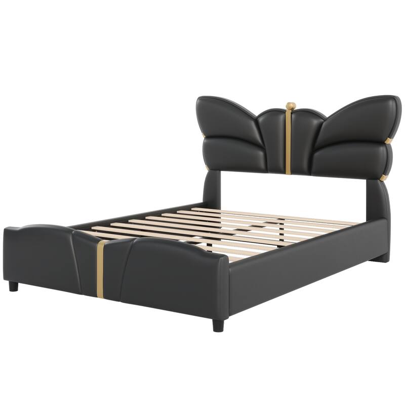 Modern Upholstered Butterfly Headboard Bed Frame with Gold Metal Decorations, No Box Spring Needed, Black