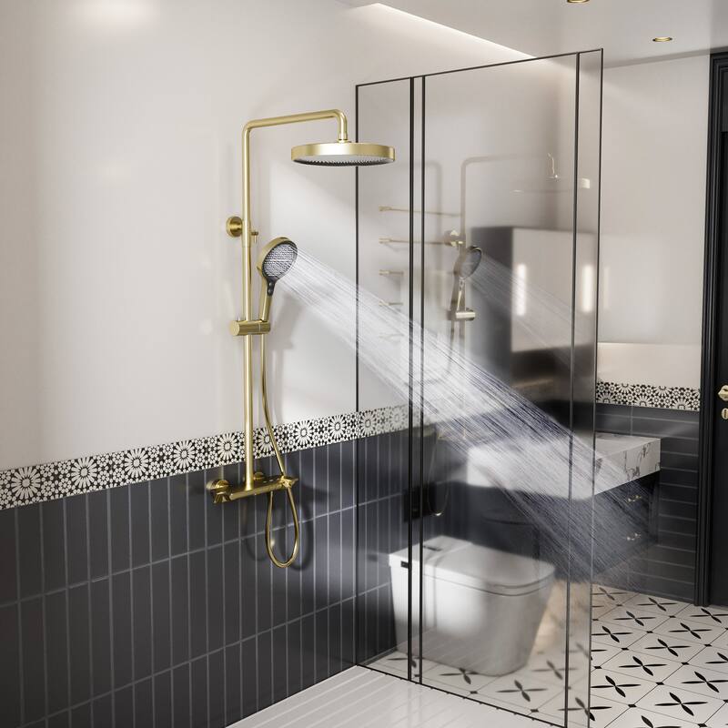 Modland 3-Function 11" Rainfall Shower System, Adjustable Slide Bar, 1.59GPM, Brushed Gold/Chrome