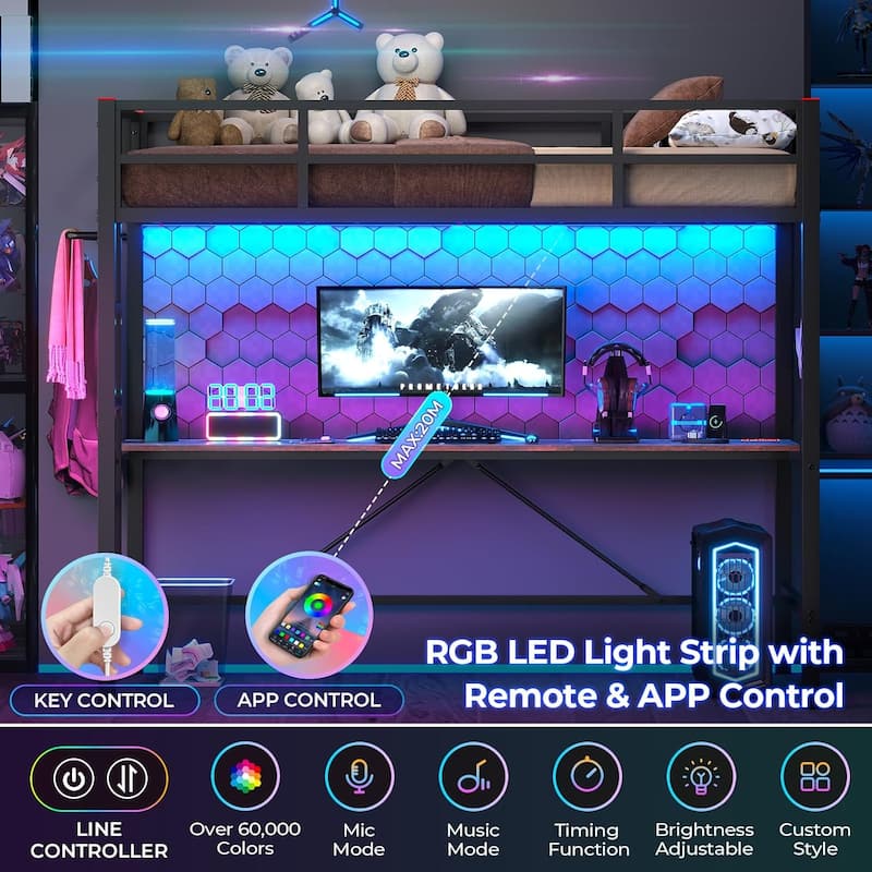 Loft Bed with Desk Gaming Bunk Bed LED Lights Charging Station