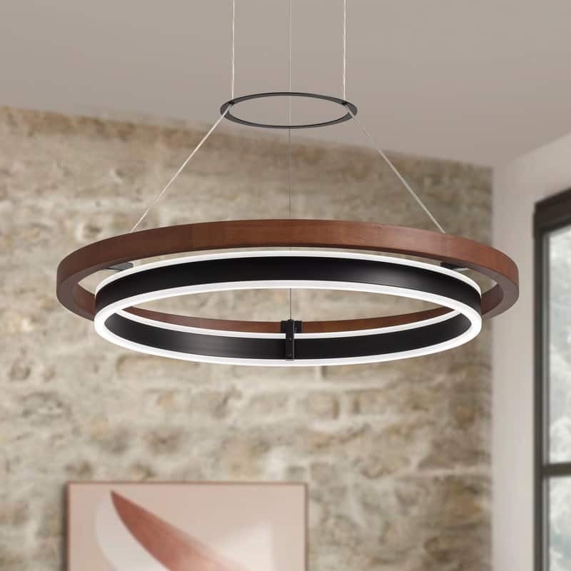 23.6 in. Modern Farmhouse Chandelier 2-Tier Round Ring Walnut LED Wooden Pendant Light for Kitchen Island