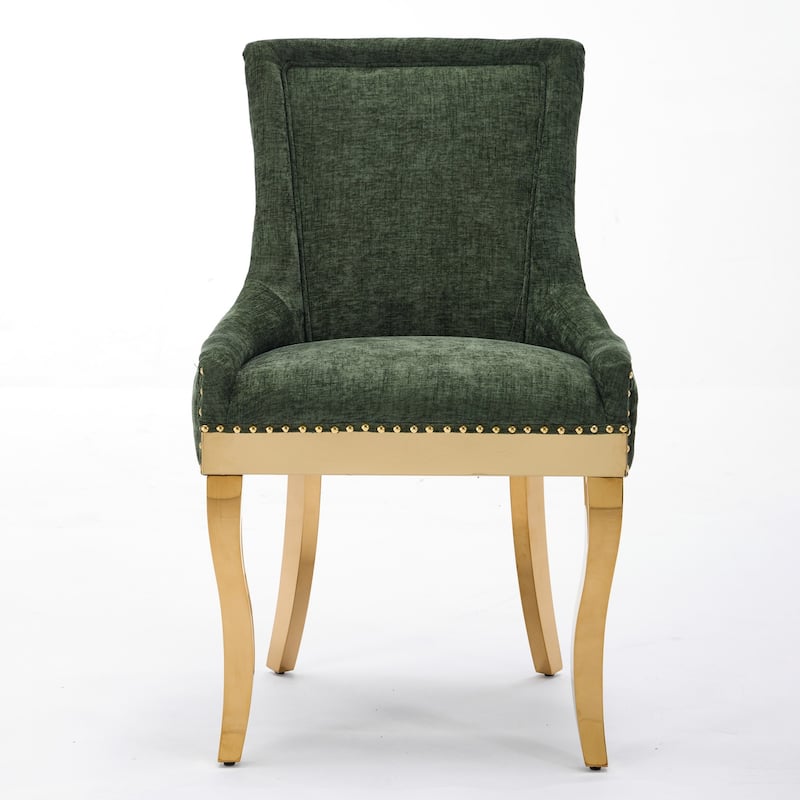 Chenille Dining Chairs, Modern Style with Curved Gold - Plated Legs & Rivet Trim, Green,Set of 2