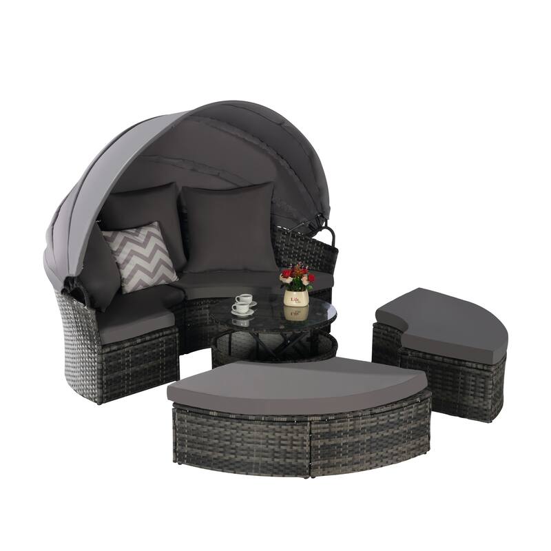 Outdoor Round Daybed with Retractable Canopy, Cushions, Table,Set of 5