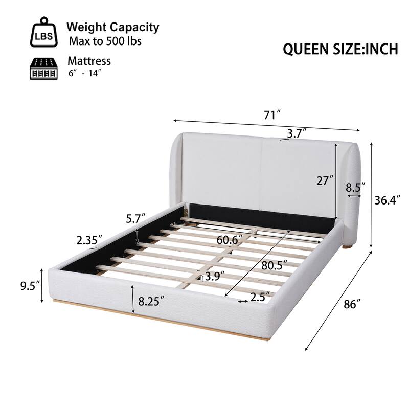 Upholstered Bed Frame with Wingback Headboard/Soft Pack Platform Bed Frame/Solid Wood Base/No Box Spring Needed/Noise-Free/White