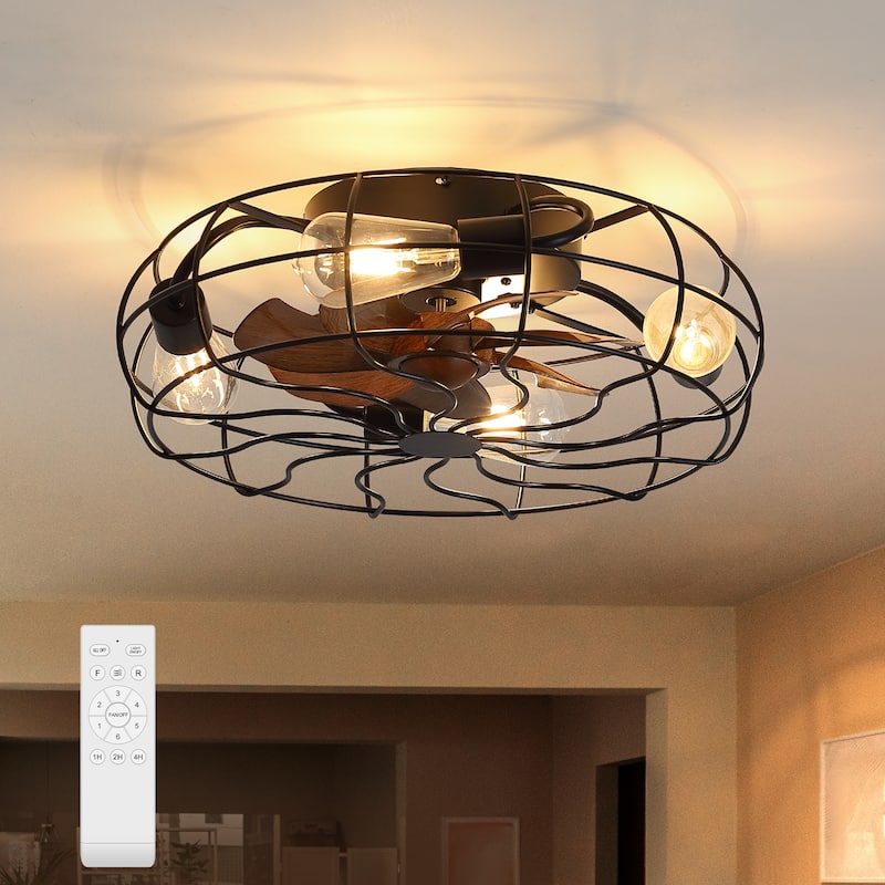 18.5"/23.6" Farmhouse Industrial Enclosed Caged Ceiling Fan with Light & Remote - 18.5-INCH