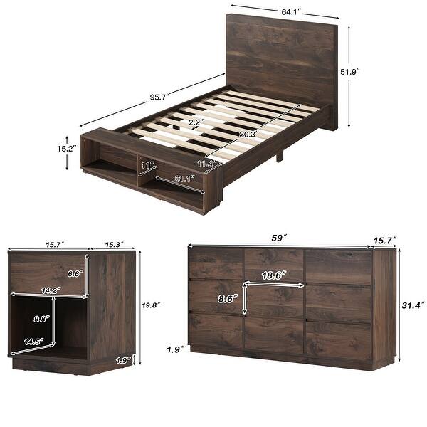 3 Pieces Walnut Bedroom Sets with Platform Bed, Nightstand and 9Drawer