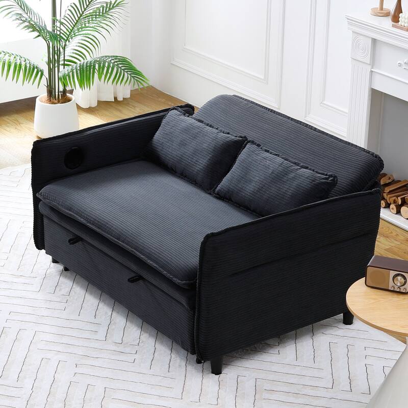 65.74-inch Black Corduroy Multi-functional Adjustable Sofa Bed with Letter Stripes