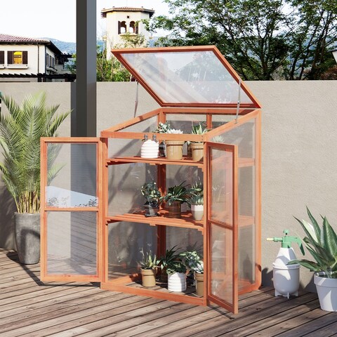 Outsunny Garden Planter Box Greenhouse with Real Fir Wood Construction Polycarbonate Side Panels for Warmth & Opening Roof