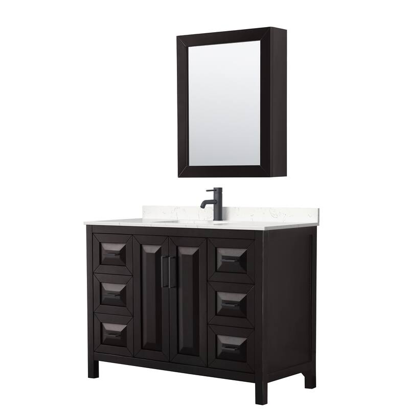 Daria 48 Inch Single Vanity, Cultured Marble Top, Medicine Cabinet - Dk Espresso, Black Trim, Carrara Cult. Marble Top