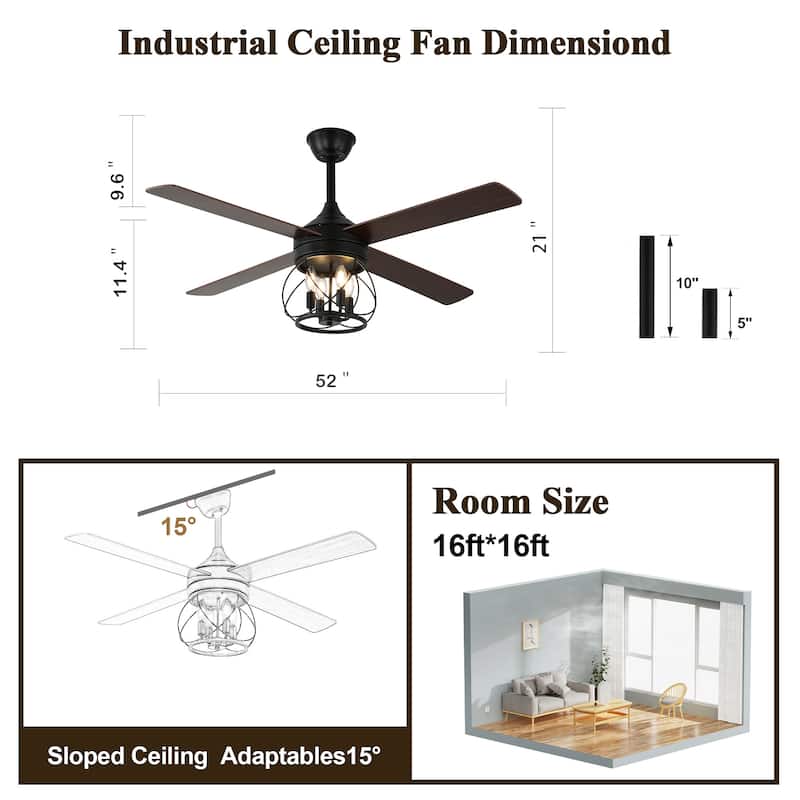 52" Industrial Ceiling Fan 6-speed Reversible Motor with Light and Remote - 52inch