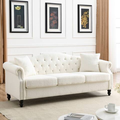 79" 3-Seater Sofa Tufted Couch with Rolled Arms and 2 pillows