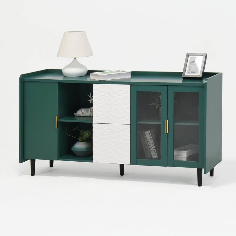 Modern Kitchen Pantry Storage Cabinet with Drawers and Glass Doors, Wood Buffet Table for Kitchen and Living Room