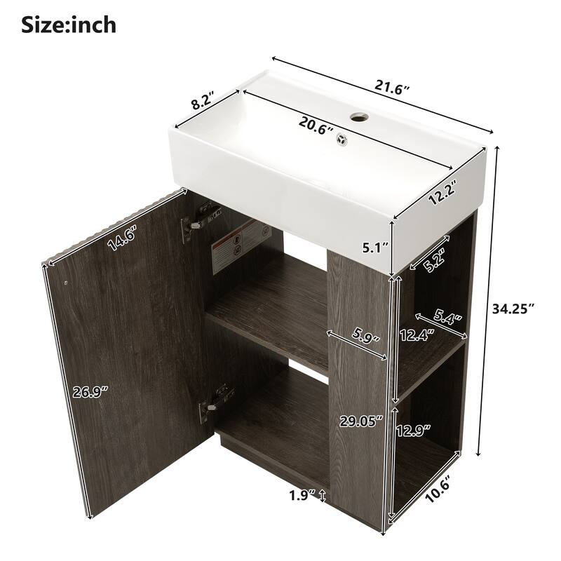21.6" Bathroom Vanity with Ceramic Sink, Freestanding Left Door Wood Grain Cabinet with Open Storage