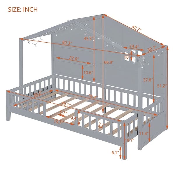 dimension image slide 0 of 2, Wooden Twin Size House Bed with Shelves, Kids Bed with Sparkling Light Strip