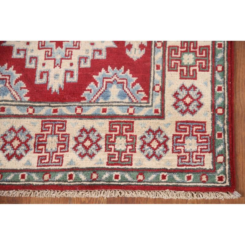 Hand Knotted Oriental 100% Wool Carpet Traditional Geometric Red Kazak Runner Rug - 6' 8'' X 2' 8''