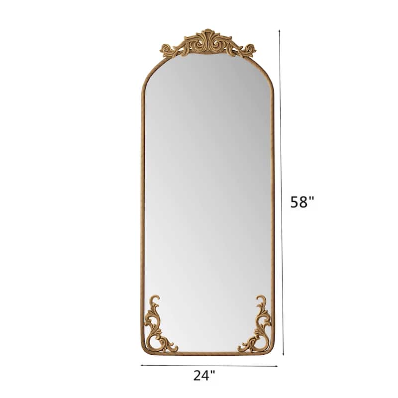 58"x24" Arched Full Body Hanging Wall Mounted Mirror with Vintage Ornate Carved Applique on Top and Bottom