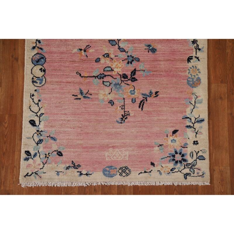 Pink Floral Oushak Vegetable Dye Runner Rug Hand-knotted Wool Carpet - 3'5"x 11'7"