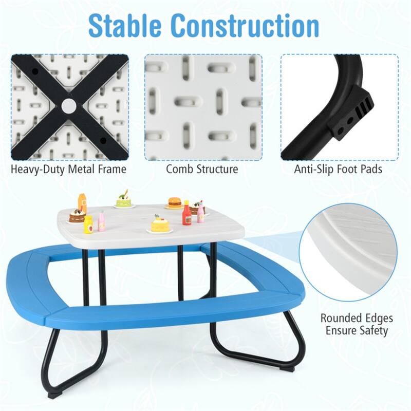 Kids Outdoor Picnic Table with Adjustable Umbrella and Benches Metal Frame and Weather-Resistant Surface - 49" × 49" × 39"-63"