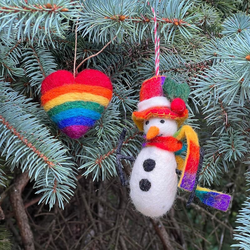 Snowman and Rainbow Heart Handmade Felt Ornaments, Set of 2
