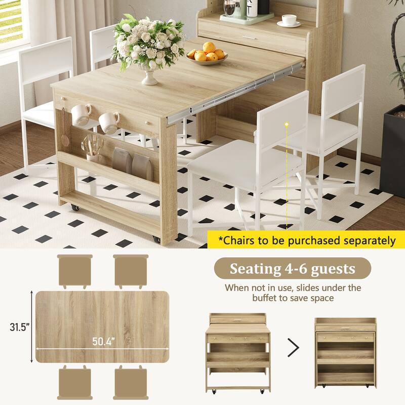 2-in-1 Buffet with Hutch and Foldable Dining Table, Multifunctional Cupboard with Storage Shelf and Side Hooks